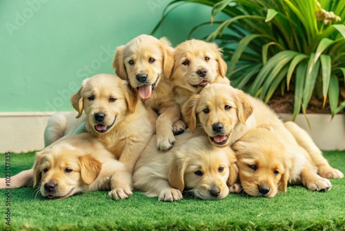 Photograph a group of golden retriever puppies tumbling over each other in a sunny backyard, showcasing their playful nature.
