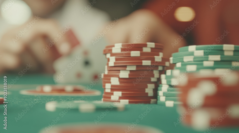 image captures close up view of poker chips stacked on green felt table, with hand holding playing cards in background, creating an atmosphere of excitement and anticipation image captures close up view of poker chips stacked on green felt table, with hand holding playing cards in background, creating an atmosphere of excitement and anticipation