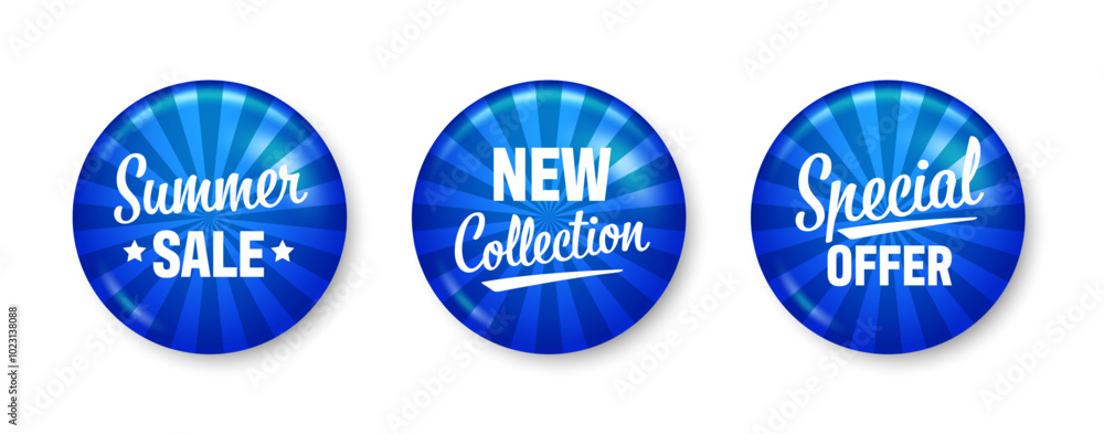 Realistic funky badges with text. Product promotion, sale. Special offer. Glossy round button. Pin badge mockup. Vector illustration Realistic funky badges with text. Product promotion, sale. Special offer. Glossy round button. Pin badge mockup. Vector illustration
