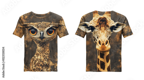 Front and back view of a simple t-shirt mockup template with a friendly owl and an animal design, png file, simple t-shirt design, t-shirt mockup , on a transparent backgrounds photo