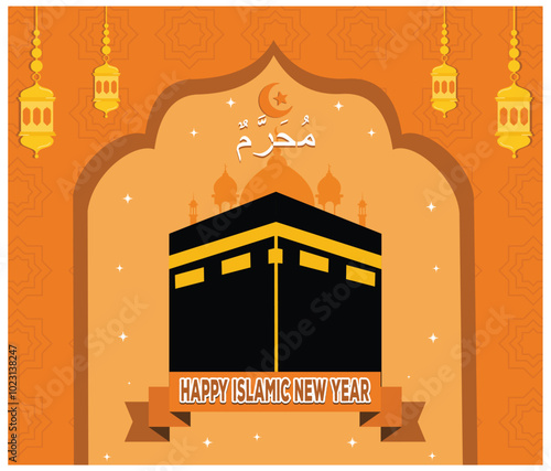 Arabic calligraphy happy muharram template background means islamic new year. flat vector modern illustration