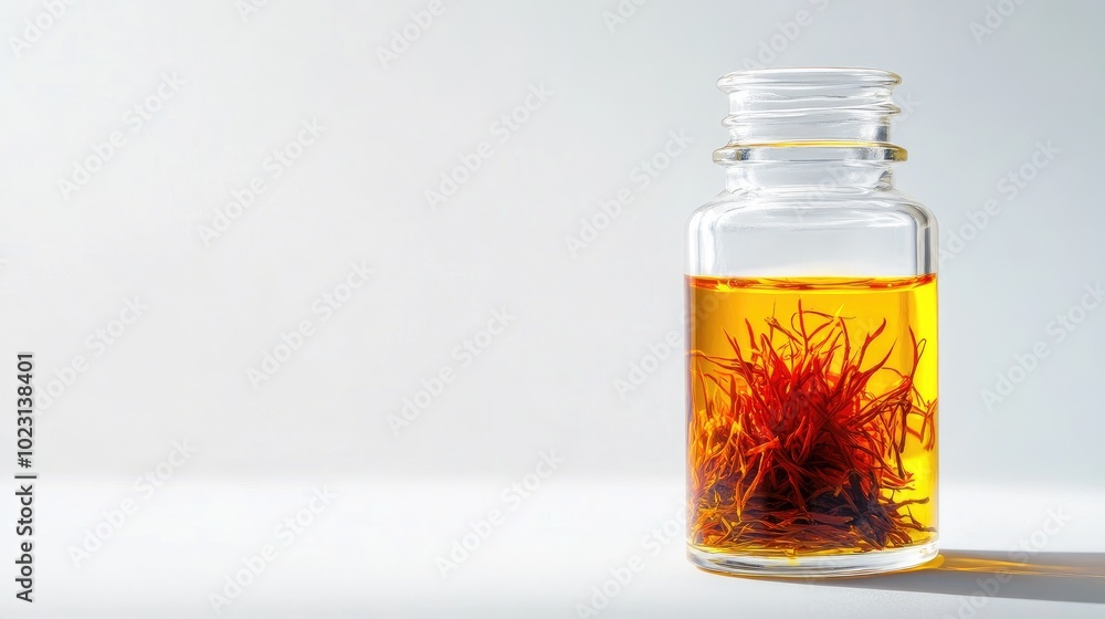 A transparent glass bottle of saffron strands, set against a seamless white background, showcasing the vibrant color. No people. A transparent glass bottle of saffron strands, set against a seamless white background, showcasing the vibrant color. No people.