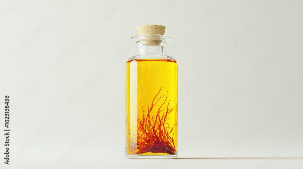 A transparent glass bottle of saffron strands, set against a seamless white background, showcasing the vibrant color. No people. A transparent glass bottle of saffron strands, set against a seamless white background, showcasing the vibrant color. No people.