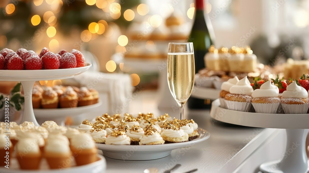 A festive dessert table is beautifully arranged with cupcakes, champagne, and sweets in a luxurious setting, ideal for celebrating special occasions in style. A festive dessert table is beautifully arranged with cupcakes, champagne, and sweets in a luxurious setting, ideal for celebrating special occasions in style.