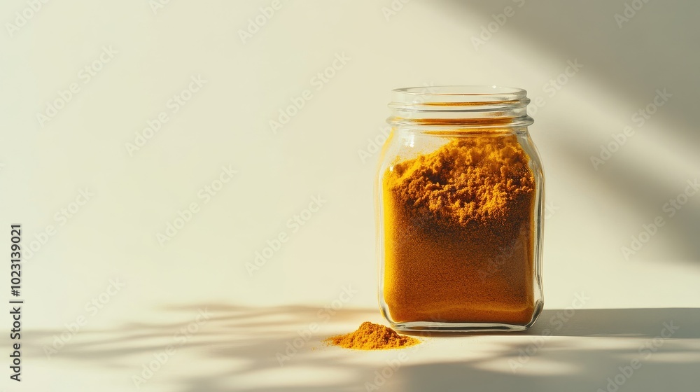Close-up of a glass jar filled with turmeric powder, sitting on a white background with soft shadows. No people. Close-up of a glass jar filled with turmeric powder, sitting on a white background with soft shadows. No people.