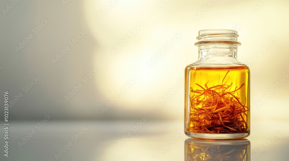 Close-up of a transparent glass bottle filled with saffron strands, set on a white background with soft reflections. No people. Close-up of a transparent glass bottle filled with saffron strands, set on a white background with soft reflections. No people.