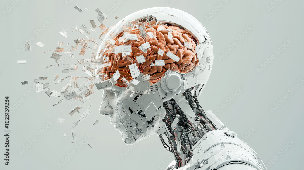 image depicts futuristic robot with partially disassembled head, revealing brain made of intricate components. This representation evokes thoughts about technology, artificial intelligence, and mergi image depicts futuristic robot with partially disassembled head, revealing brain made of intricate components. This representation evokes thoughts about technology, artificial intelligence, and mergi