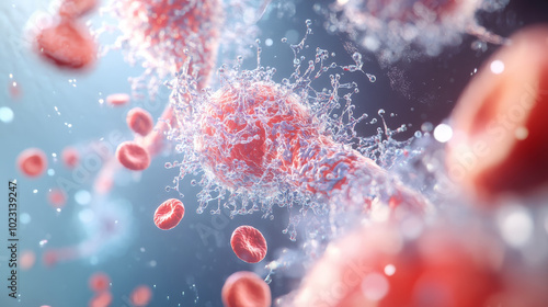 image depicts close up view of red blood cells interacting with cellular structure, showcasing dynamic processes within bloodstream. vibrant colors and intricate details evoke sense of life and movem