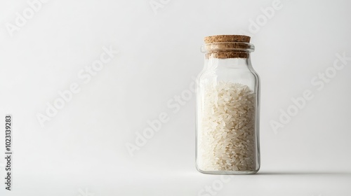 Close-up of uncooked white rice inside a transparent glass bottle, placed on a white background. Minimalistic and clean composition. No people.