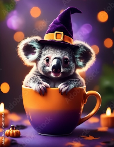 an adorable koala, wearing a witch hat sitting in a coffee cup, painted with a Halloween theme, the color theme consists of black, purple, orange, and green,  photo