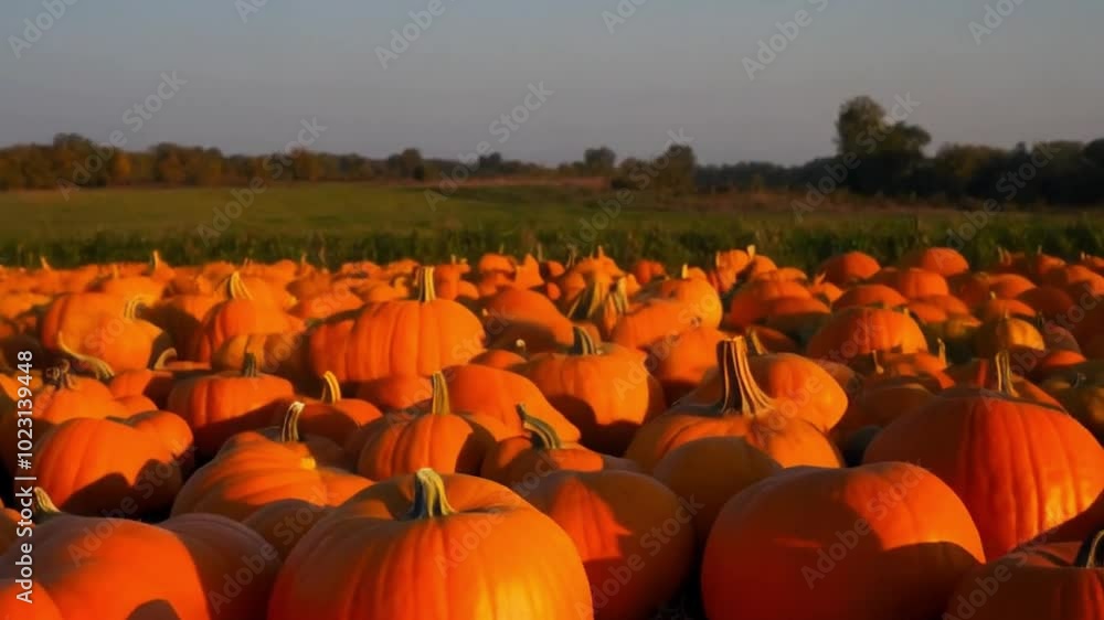 A field of ripe pumpkins glows under the warmth of a setting sun. A field of ripe pumpkins glows under the warmth of a setting sun.