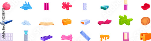 Chewing gum icons set. Set of colorful illustrations representing various types of chewing gum and bubble gum, with different flavors, shapes, and packaging