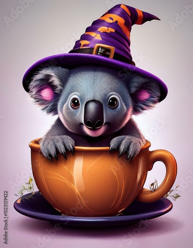 an adorable koala, wearing a witch hat sitting in a coffee cup, painted with a Halloween theme, the color theme consists of black, purple, orange, and green,  photo