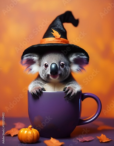 an adorable koala, wearing a witch hat sitting in a coffee cup, painted with a Halloween theme, the color theme consists of black, purple, orange, and green,  photo