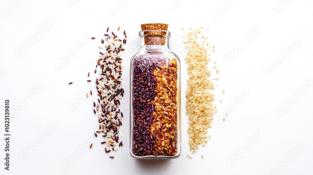 Glass bottle filled with mixed rice grains, set against a pristine white background, showcasing the variety of colors. No people. Glass bottle filled with mixed rice grains, set against a pristine white background, showcasing the variety of colors. No people.