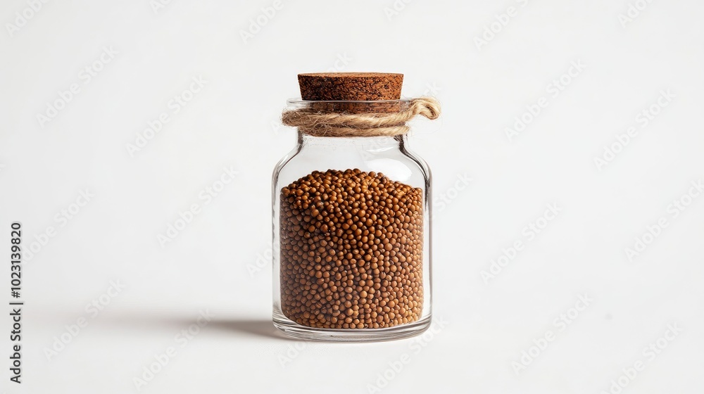 Glass bottle filled with mustard seeds, arranged on a white background with soft lighting for a simple composition. No people. Glass bottle filled with mustard seeds, arranged on a white background with soft lighting for a simple composition. No people.