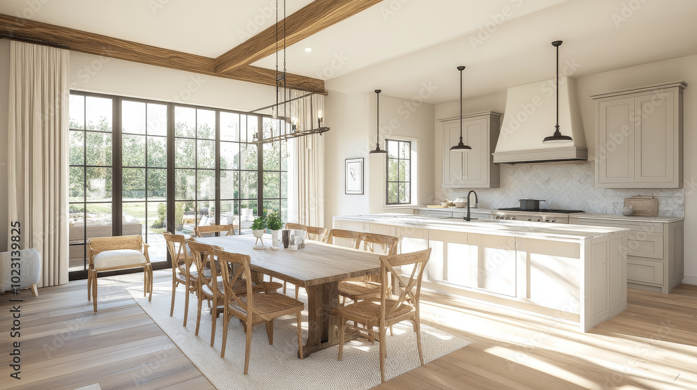 A bright and airy kitchen and dining area featuring large wooden table, stylish chairs, and modern appliances. space is enhanced by natural light streaming through large windows, creating warm and inv A bright and airy kitchen and dining area featuring large wooden table, stylish chairs, and modern appliances. space is enhanced by natural light streaming through large windows, creating warm and inv