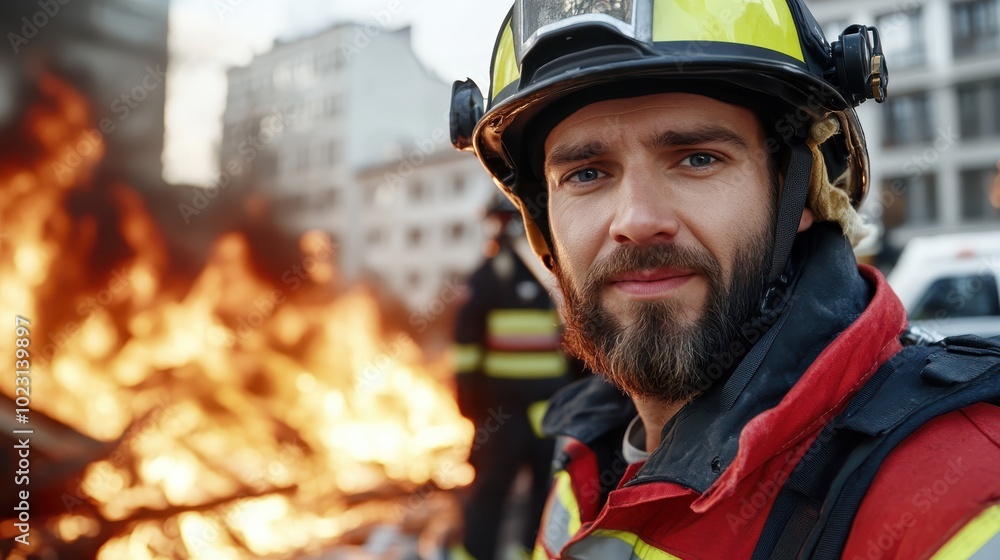 A brave firefighter stands near a roaring inferno with city buildings in the backdrop, embodying heroism and dedication during a firefighting operation. A brave firefighter stands near a roaring inferno with city buildings in the backdrop, embodying heroism and dedication during a firefighting operation.