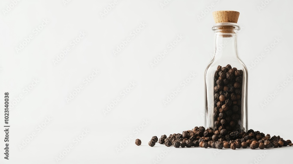 Glass bottle of whole black peppercorns, standing on a crisp white background with clear focus on the grains. No people. Glass bottle of whole black peppercorns, standing on a crisp white background with clear focus on the grains. No people.