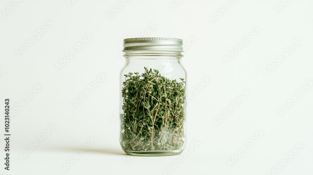 Glass jar filled with dried thyme leaves, sitting on a bright white background, with a minimalist design approach. No people. Glass jar filled with dried thyme leaves, sitting on a bright white background, with a minimalist design approach. No people.