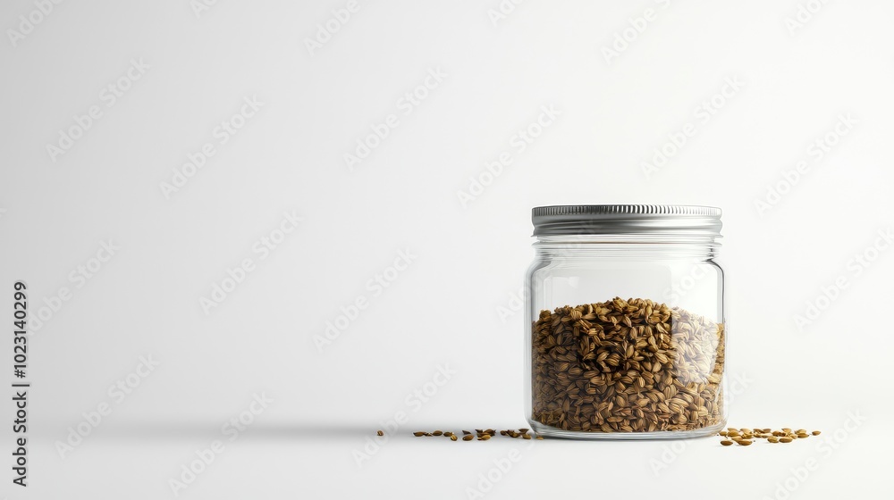 Glass jar of cumin seeds, placed on a clean white background, with clear focus on the texture and simplicity of the scene. No people. Glass jar of cumin seeds, placed on a clean white background, with clear focus on the texture and simplicity of the scene. No people.