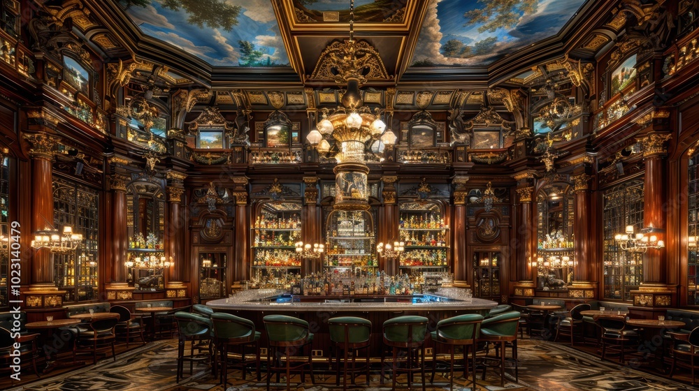 Fototapeta premium An ornate and lavishly decorated bar with intricate wooden carvings, grand chandeliers, and a fully stocked back bar promises an unforgettable drinking experience
