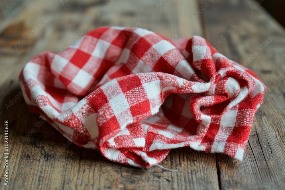 Red checkered napkin on a rustic wooden table with copy space for placing your text or product. Italian, homemade, traditional kitchen - generative ai Red checkered napkin on a rustic wooden table with copy space for placing your text or product. Italian, homemade, traditional kitchen - generative ai