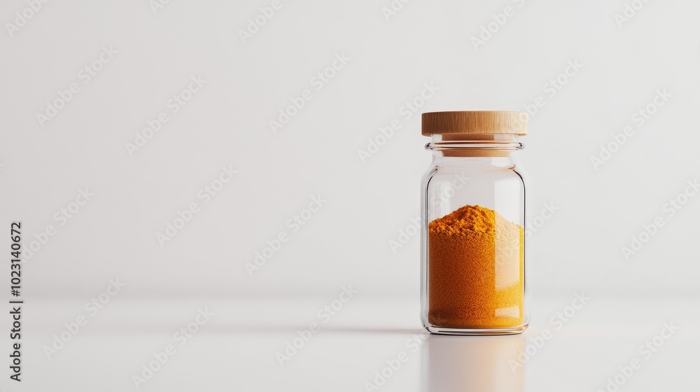 Small glass bottle of curry powder, set on a clean white background, with reflections highlighting the spice. No people. Small glass bottle of curry powder, set on a clean white background, with reflections highlighting the spice. No people.