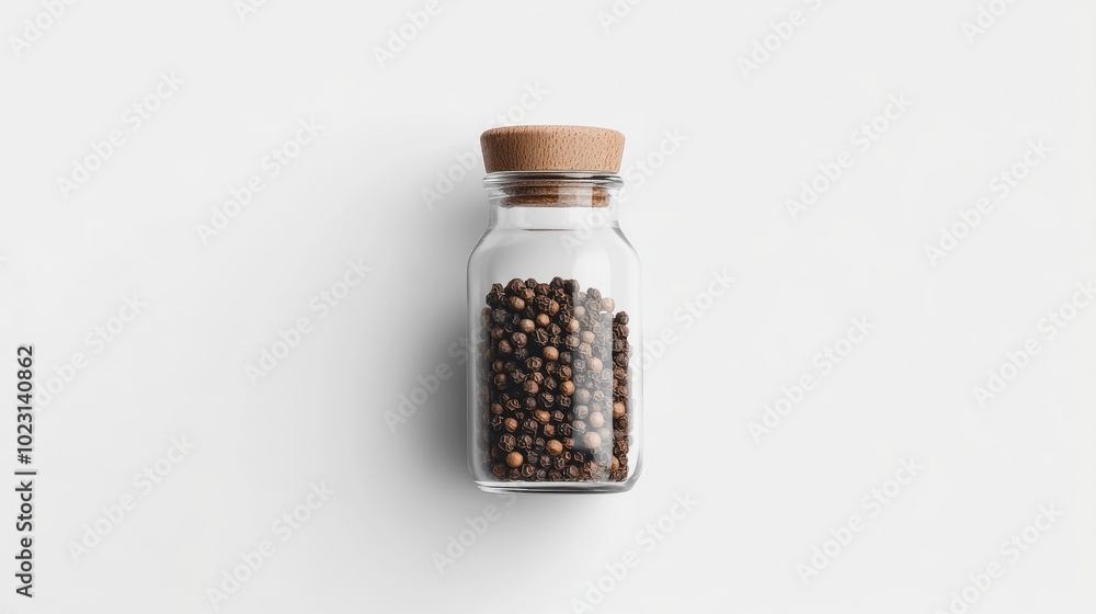 Transparent glass bottle containing whole peppercorns, placed against a white background for a modern, minimalistic look. No people.