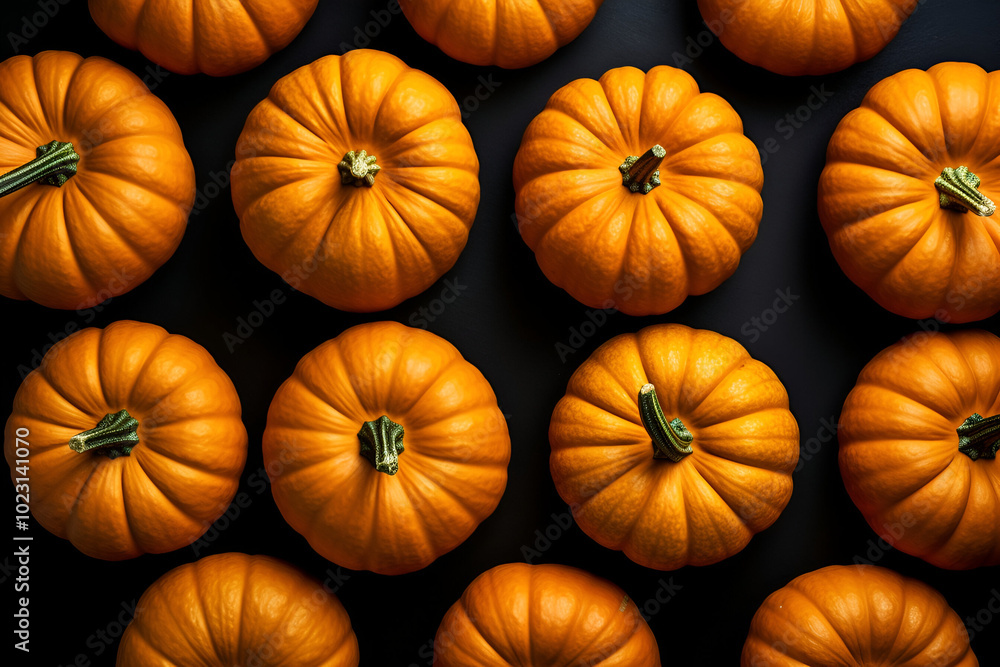 Orange pumpkins on dark black concrete table surface close up. Top view, copy space. Autumn, holiday, thanksgiving, harvest season, seasonal food concept. Orange pumpkins on dark black concrete table surface close up. Top view, copy space. Autumn, holiday, thanksgiving, harvest season, seasonal food concept.
