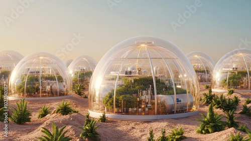 Futuristic glass domes housing lush greenery in desert landscape, showcasing innovative architecture and sustainable living. scene evokes sense of hope and harmony with nature