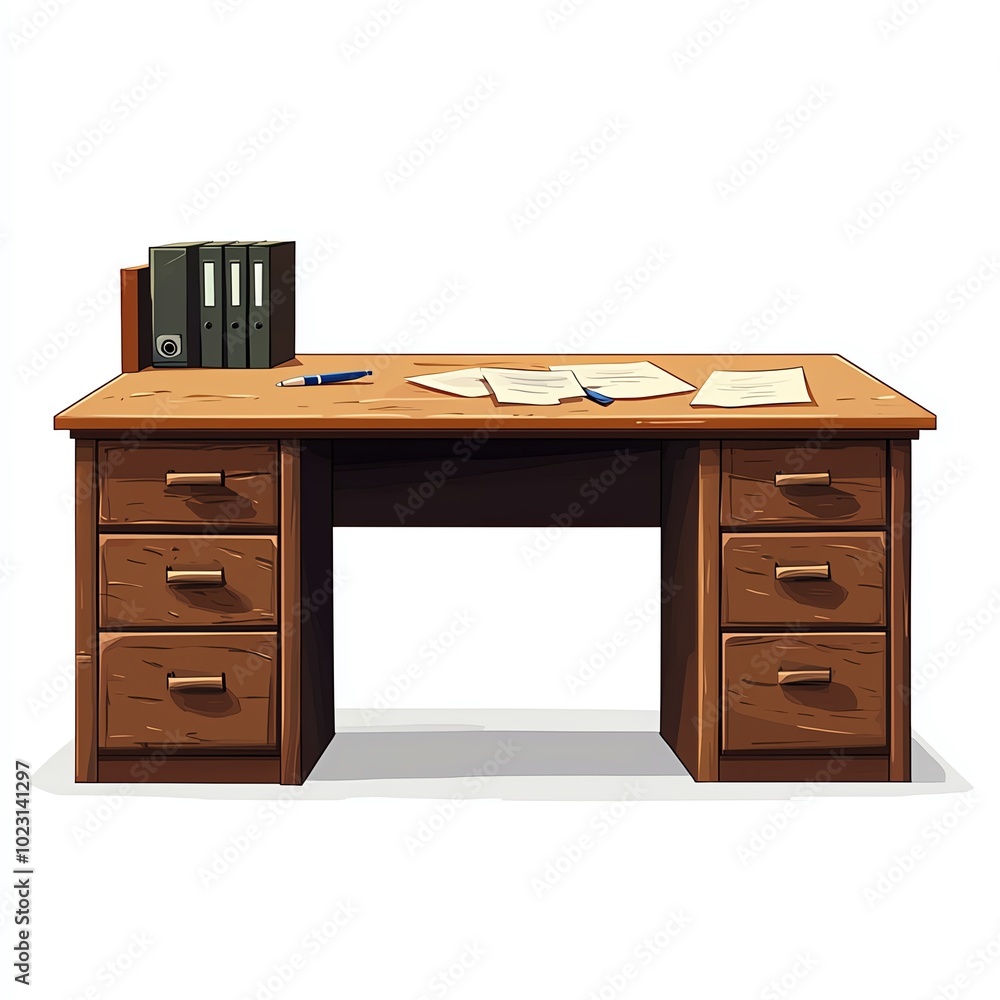 Wooden office desk with drawers, files, and documents on a white background. Wooden office desk with drawers, files, and documents on a white background.