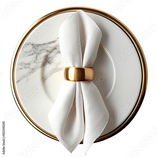 Elegant dining plate with a white napkin tied in a bow, gold napkin ring on marble background.
