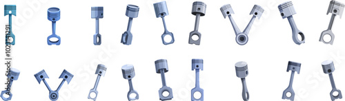 Car engine piston icons set. Comprehensive set of engine pistons, showcasing various perspectives and orientations, ideal for illustrating automotive concepts