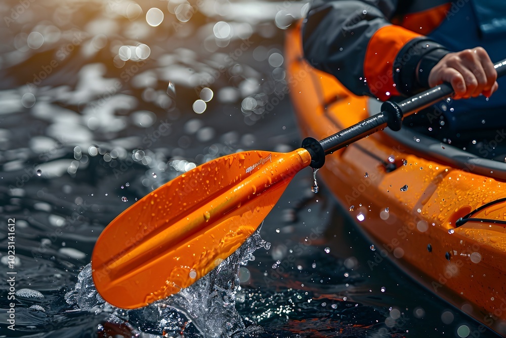 Fototapeta premium Dynamic Kayaking Action with a Splashing Paddle in Vibrant Waters