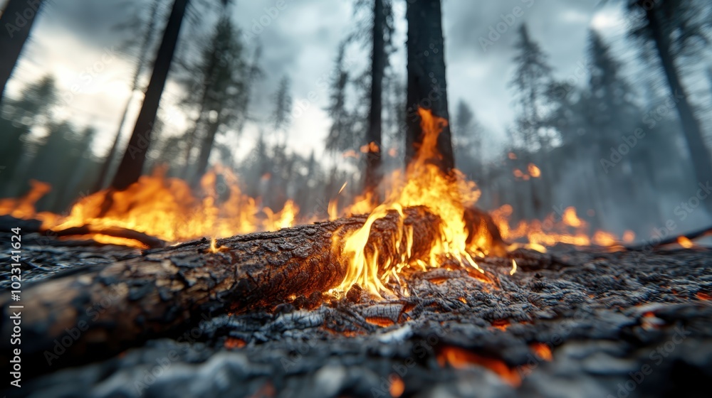 A vivid close-up shot focusing on a burning log amidst a forest fire, flames licking the bark as smoke rises, emphasizing the raw power of wildfires. A vivid close-up shot focusing on a burning log amidst a forest fire, flames licking the bark as smoke rises, emphasizing the raw power of wildfires.