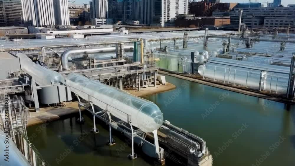 Aerial View of a Water Treatment Plant with Pipes, Tanks, and a Pool Aerial View of a Water Treatment Plant with Pipes, Tanks, and a Pool
