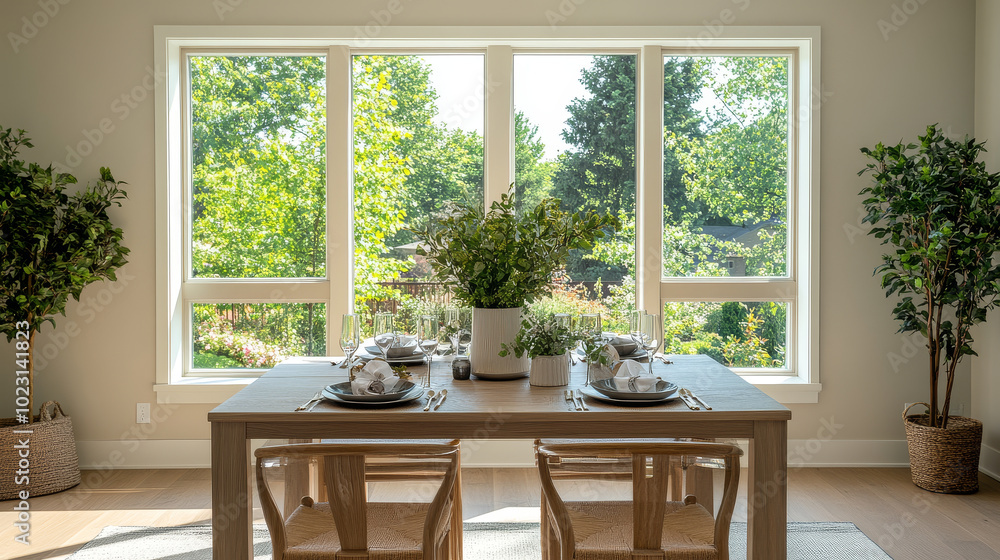 Fototapeta premium A bright and inviting dining area featuring wooden table set for meal, surrounded by greenery and large windows that let in natural light. scene evokes sense of warmth and tranquility