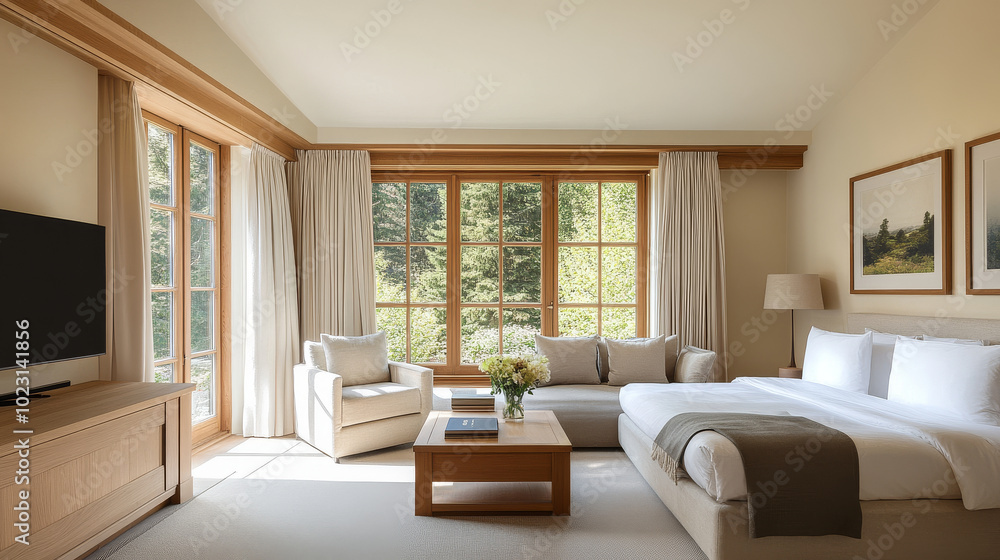 A bright and spacious hotel room featuring large windows that let in natural light, comfortable sofa, and elegant decor. serene atmosphere invites relaxation and comfort A bright and spacious hotel room featuring large windows that let in natural light, comfortable sofa, and elegant decor. serene atmosphere invites relaxation and comfort
