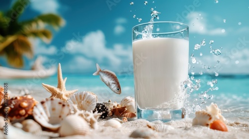 This imaginative composition places a glass of milk on a beach adorned with seashells, a small fish, and splashes symbolizing adventure and the joy of discovery. photo