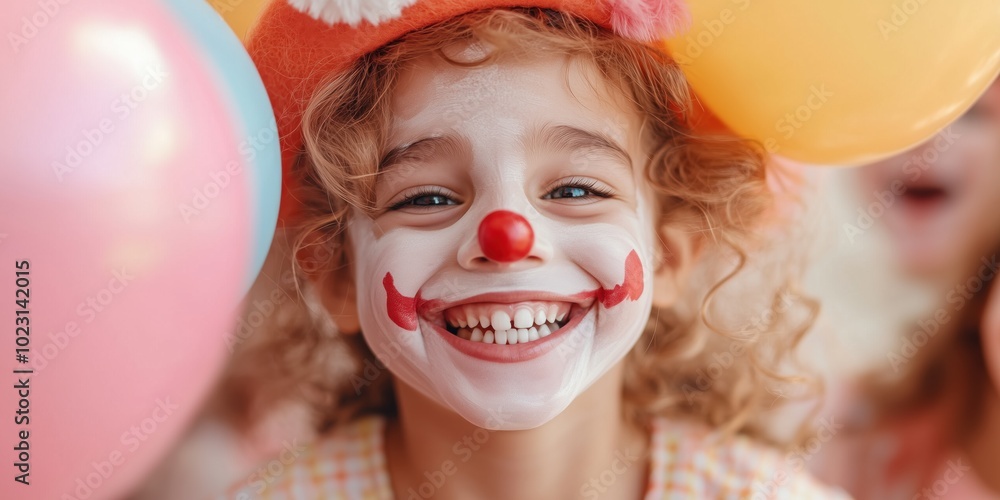 An adorable image of a young child dressed as a carnival clown with a painted face, a big red nose, and a colorful hat. The child is smiling broadly, holding a balloon in one hand An adorable image of a young child dressed as a carnival clown with a painted face, a big red nose, and a colorful hat. The child is smiling broadly, holding a balloon in one hand