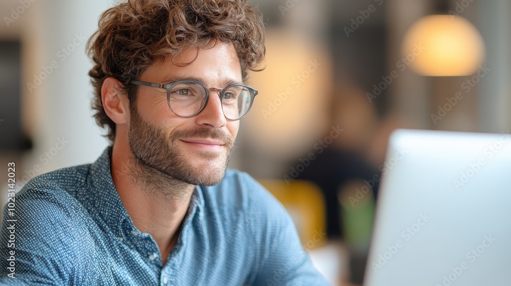 A focused man with a beard and stylish glasses works intently on his laptop in a well-lit cafe, capturing the essence of modern urban professionalism. A focused man with a beard and stylish glasses works intently on his laptop in a well-lit cafe, capturing the essence of modern urban professionalism.