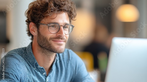 A focused man with a beard and stylish glasses works intently on his laptop in a well-lit cafe, capturing the essence of modern urban professionalism.