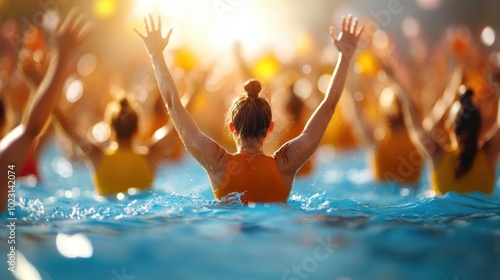 A lively group of people perform synchronized water exercises in a sunlit pool, with arms raised, enjoying the refreshment and sense of community. photo