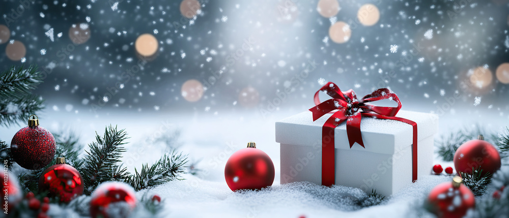 Festive Winter Scene with Snow and Christmas Gift Festive Winter Scene with Snow and Christmas Gift