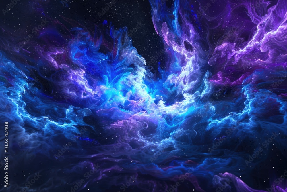 Vibrant blue and purple cosmic energy cloud against black backdrop. Vibrant blue and purple cosmic energy cloud against black backdrop.