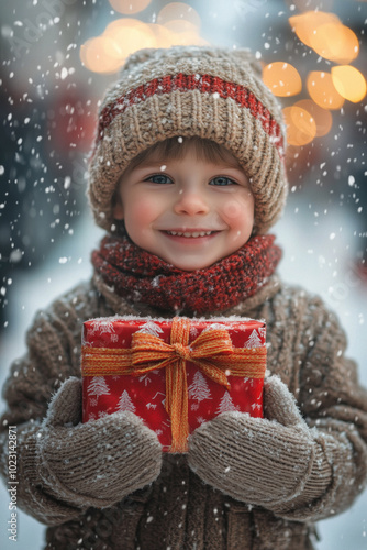 Little happy boy with christmas presents in his hands, christmas lights and snowfall in the background.