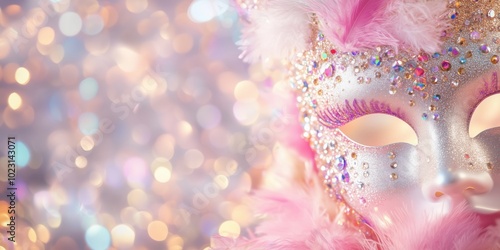 A detailed close-up of a beautifully decorated carnival mask adorned with sparkling jewels, colorful feathers, and intricate patterns. The background is blurred with soft bokeh lights photo