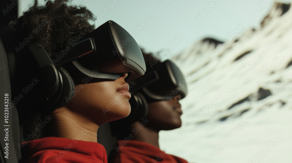 Immersed in virtual reality, two individuals experience digital landscape, showcasing excitement and innovation of modern technology Immersed in virtual reality, two individuals experience digital landscape, showcasing excitement and innovation of modern technology