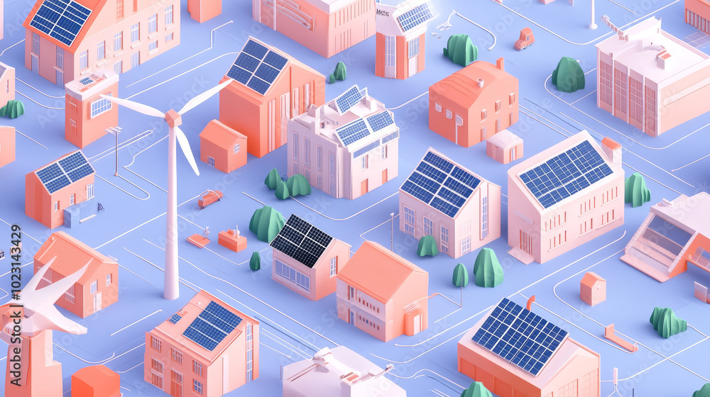 Sustainable cityscape with solar panels and wind turbines, showcasing modern architecture and eco friendly energy solutions. This vibrant illustration highlights renewable energy in urban settings Sustainable cityscape with solar panels and wind turbines, showcasing modern architecture and eco friendly energy solutions. This vibrant illustration highlights renewable energy in urban settings